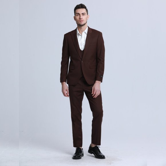 Men's Skinny-Fit 3-Piece Suit w/ Double-Breasted Vest, Dark Brown - Picture 3 of 7